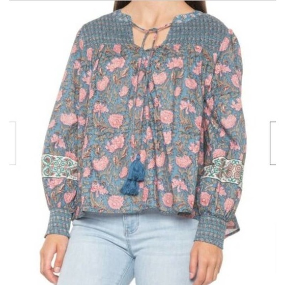 Rachel Zoe Tops - Rachel Zoe Blue Pink Floral Print Long Sleeve Smocked Peasant Blouse Size Medium